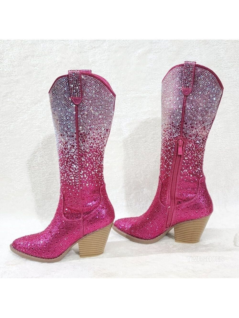Posh Wild Ones Fuchsia Ombre Rhinestone Western Cowgirl Knee Boots Hot Pink - Picture 4 of 17